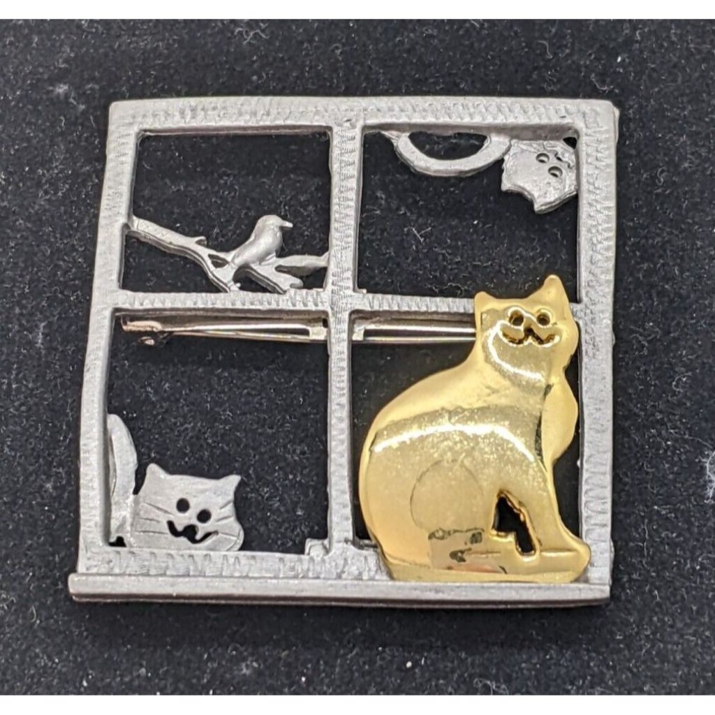 Ultra Craft Brooch Pin Pewter Gold Tone Cats In Window Bird On Branch 2